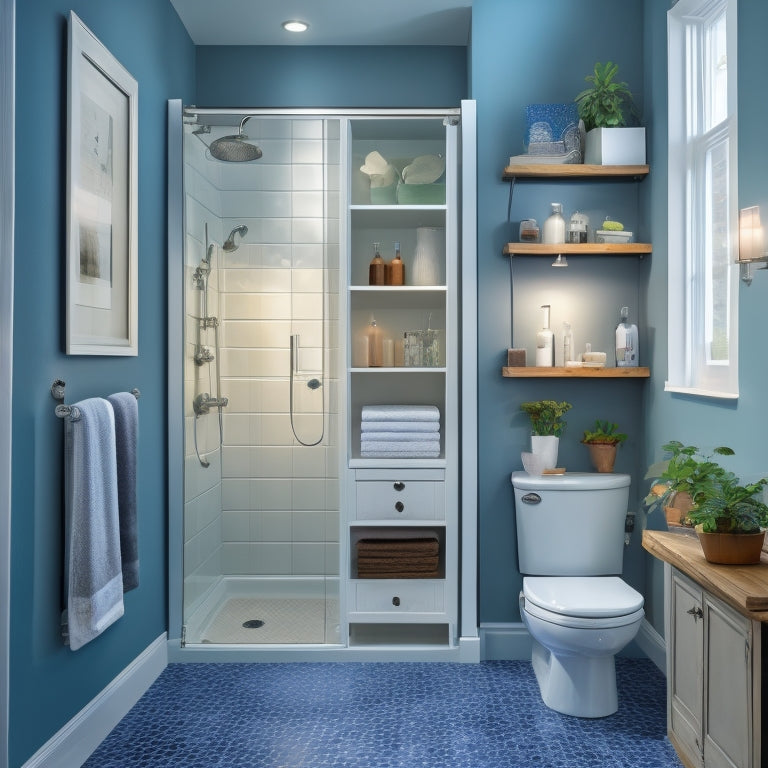 A tidy, narrow bathroom with a wall-mounted cabinet, a pedestal sink, and a floor-to-ceiling shelving unit beside a compact, sliding-door shower enclosure.