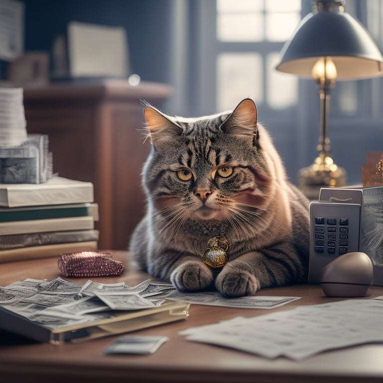 A stern-looking cat in a luxury office, surrounded by piles of cash and expensive cat toys, with a calculator and IRS forms scattered on the desk in the background.
