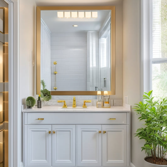 A modern bathroom with a large, rectangular mirrored medicine cabinet above a sleek, white vanity, surrounded by crisp, white subway tiles and warm, golden lighting.
