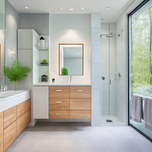 A sleek, modern bathroom featuring space-optimized waterproof cabinets in a minimalist design. Soft lighting highlights the smooth, water-resistant surfaces, with neatly organized towels and toiletries, surrounded by elegant tiles and a serene atmosphere.