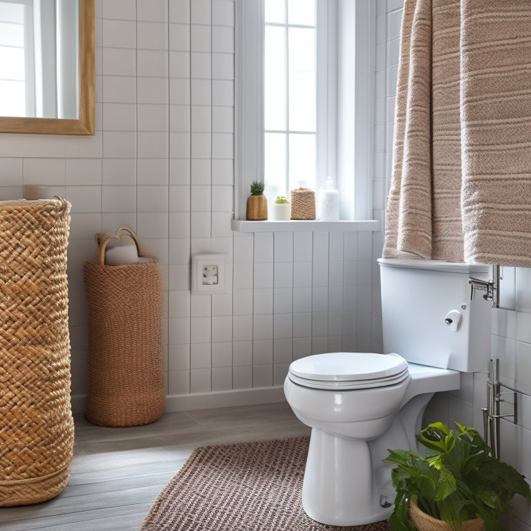 A tidy bathroom with a white toilet, adjacent to a woven basket filled with rolled towels, and a matching basket above the toilet holding extra toilet paper and bathroom essentials.