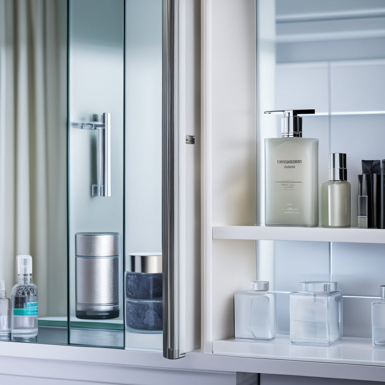 A sleek, modern bathroom with a wall-mounted glass door cabinet in a polished chrome frame, reflecting light, and filled with neatly organized toiletries and beauty products in transparent containers.