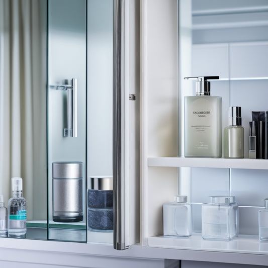 A sleek, modern bathroom with a wall-mounted glass door cabinet in a polished chrome frame, reflecting light, and filled with neatly organized toiletries and beauty products in transparent containers.