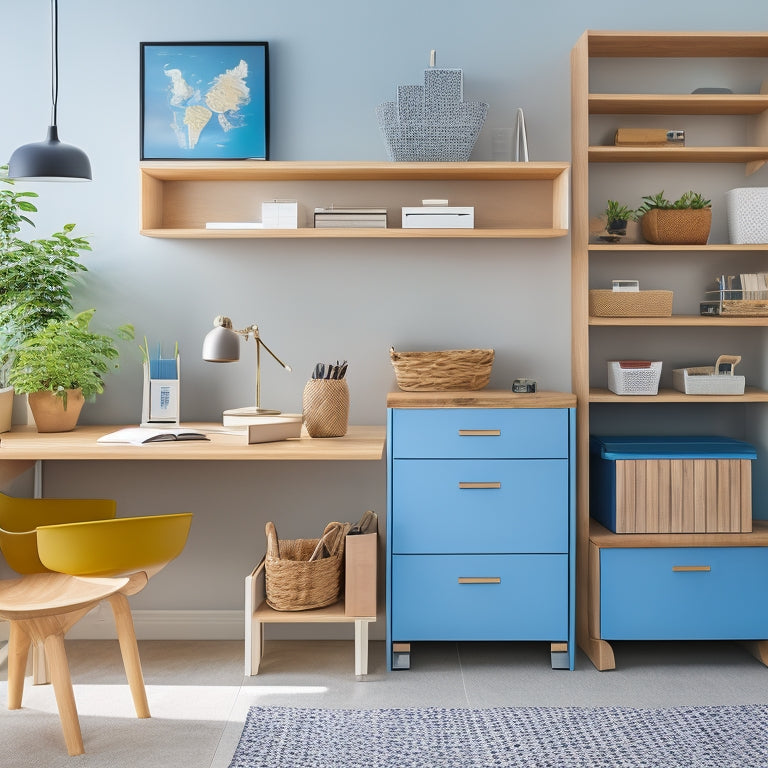 A tidy, modern home office with a wooden desk, a few baskets, and a shelf, featuring various colorful, neatly arranged, and labeled storage containers, bins, and folders in a minimalist, Scandinavian-inspired aesthetic.