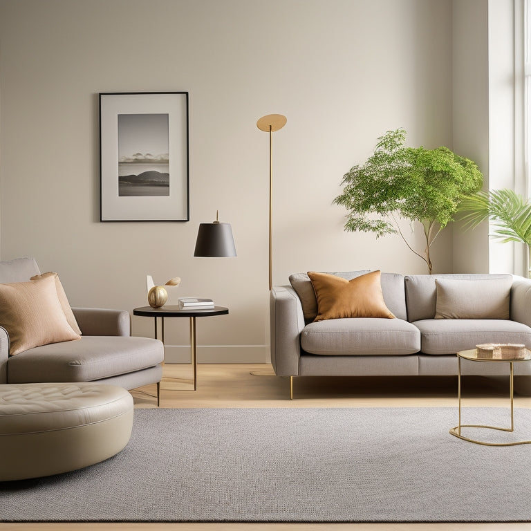 A serene, minimalist living room with a sleek, low-profile storage ottoman, a few, carefully-placed decorative objects, and a subtle, natural color palette, illuminated by soft, warm lighting.