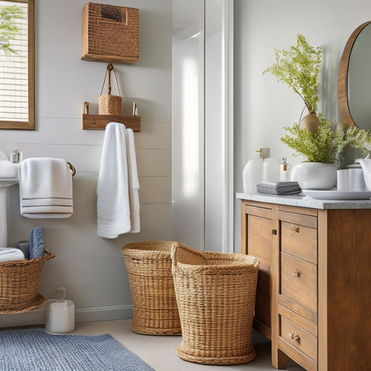 A serene, well-lit bathroom with a clutter-free countertop, featuring a few strategically placed decorative items, and a few clever storage solutions, such as a woven basket and a wall-mounted shelf.