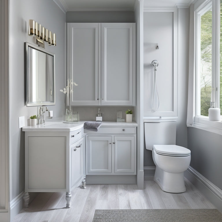 A serene, modern bathroom with a wall-mounted cabinet, a recessed medicine cabinet, and a pedestal sink with a discreet storage drawer, surrounded by calming white and gray tones.