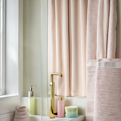 A serene bathroom scene featuring a sleek, DIY multi-pocket bath caddy, suspended from the shower curtain, holding various toiletries, with water droplets and a blurred background, in warm, pastel hues.