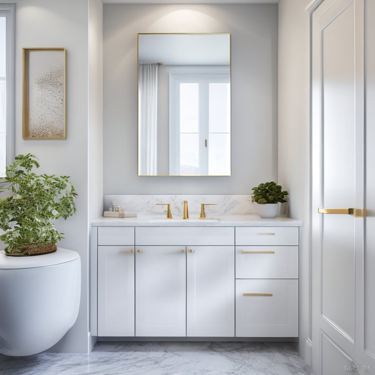 A modern bathroom with a large mirror above a sleek, wall-mounted vanity, flanked by two tall, handle-less cabinets in a high-gloss white finish, set against a calming gray and white marble background.