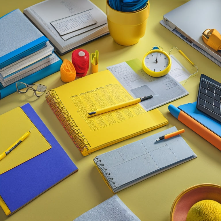 A colorful, clutter-free desk with a bright yellow planner opened to a calendar page, surrounded by sharpened pencils, a ruler, and a few scattered textbooks with fresh bookmarks.