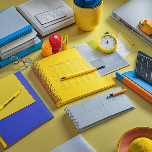 A colorful, clutter-free desk with a bright yellow planner opened to a calendar page, surrounded by sharpened pencils, a ruler, and a few scattered textbooks with fresh bookmarks.