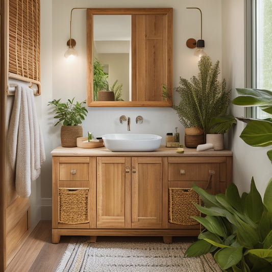 A serene, well-lit bathroom with a double-sink vanity featuring bamboo cabinets, woven baskets, and natural textiles, amidst lush greenery and a minimalist color palette.