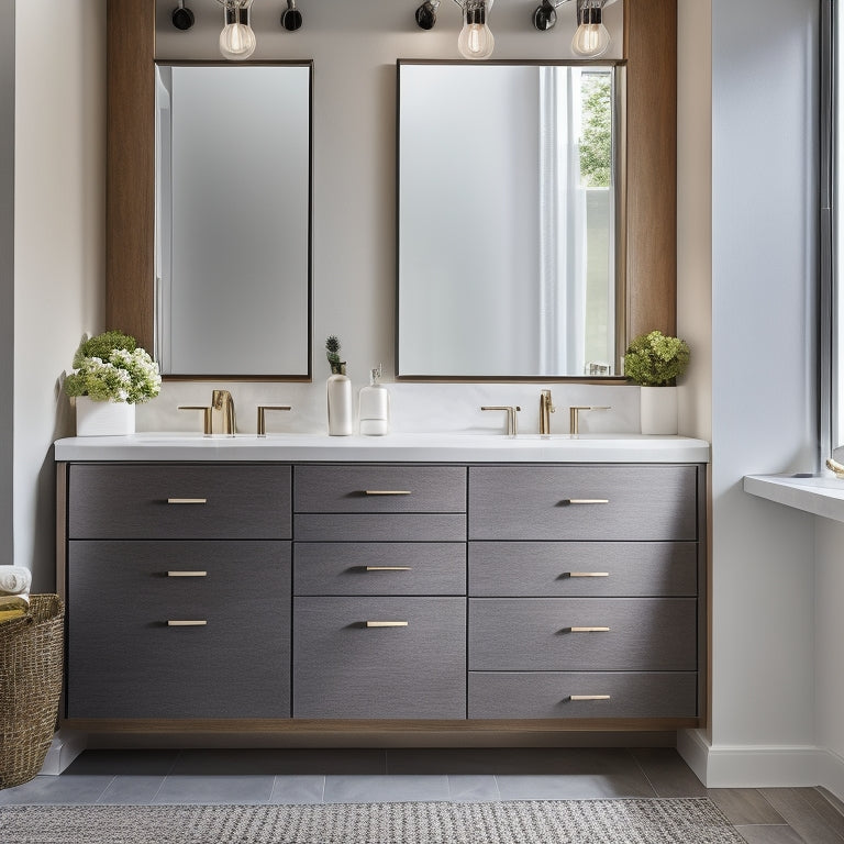 A sleek, modern bathroom featuring stylish waterproof vanity storage solutions, including elegant baskets, clear organizers, and chic cabinets, all arranged neatly around a serene, minimalist countertop with soft ambient lighting.