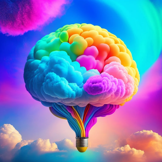 A vibrant, whimsical illustration featuring a human brain surrounded by colorful, swirling clouds, with glowing idea bubbles and threads connecting to a central, radiant light, symbolizing creative freedom.