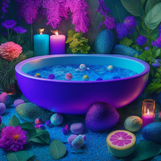 A colorful, whimsical illustration of a bathtub overflowing with vibrant, swirling bath bombs, surrounded by lush greenery and candles, with a subtle background gradient of calming blues and purples.