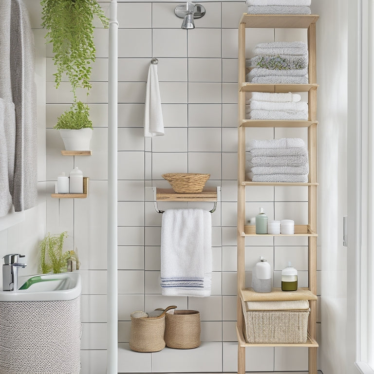 A sleek, modern bathroom featuring innovative space-saving organizers: floating shelves with decorative baskets, a chic ladder rack holding rolled towels, and vibrant wall-mounted jars for toiletries, all against a serene, neutral color palette.
