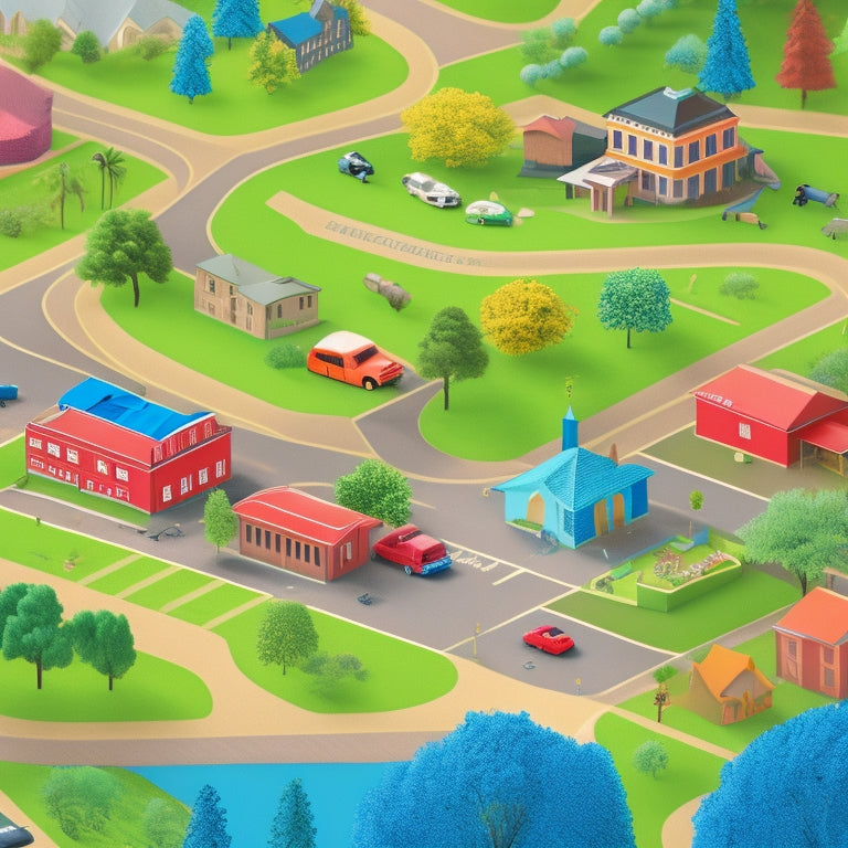 An illustration of a zoomed-in map with various colorful location pins scattered across, surrounded by subtle hints of buildings, roads, and trees, conveying a sense of community and local exploration.