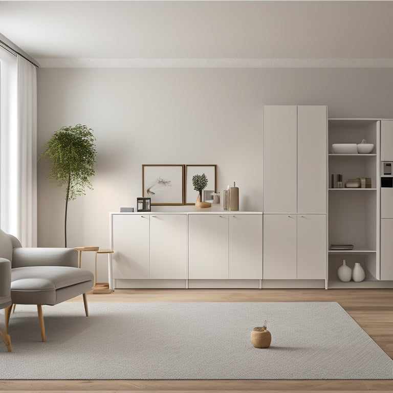 A minimalist living room with 3-5 sleek white wall cabinets in various shapes and sizes, adorned with subtle metallic hardware, against a soft gray background with a faint wood floor texture.