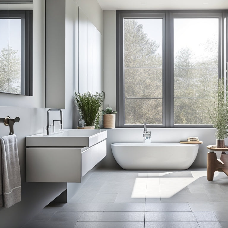 A sleek, modern bathroom with a large window, polished concrete floors, and a wall-mounted faucet, featuring a stunning pedestal sink in matte white with clean lines and a rounded basin.