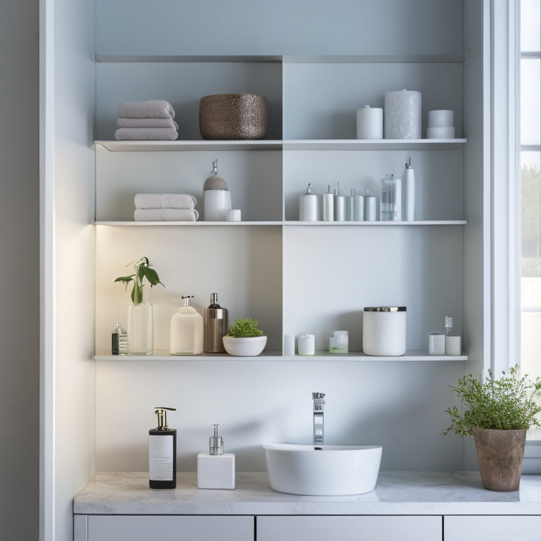 A serene, modern bathroom with a wall-mounted, open shelving medicine cabinet featuring three glass shelves, illuminated by soft, warm lighting, against a calming, light-gray background.