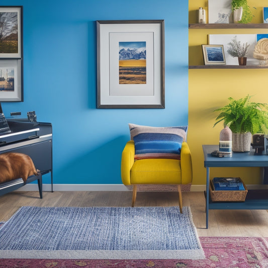 A colorful and modern living room scene with a printer on a desk, surrounded by vibrant prints of family photos and artwork, with a subtle hint of colorful ink cartridges in the background.