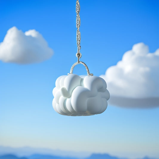 A whimsical cloud-shaped toilet paper holder made of white porcelain or ceramic, suspended from the ceiling by a delicate silver chain, against a soft blue background with wispy white clouds.