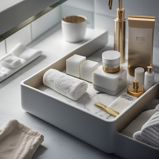 A stylized, minimalist illustration of a clutter-free bathroom countertop with a sleek, modern DYN Ptah bathroom organizer, featuring separate compartments for toiletries, towels, and decorative accents.