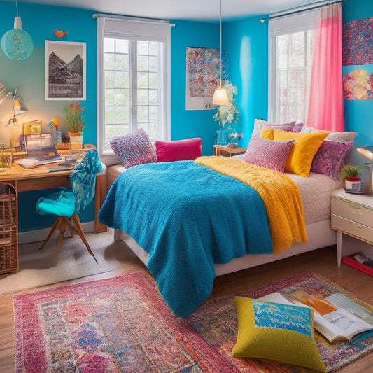 A bright, cozy college dorm room with a plush area rug, a comfortable bed adorned with colorful throw pillows, and a stylish desk lamp, surrounded by vibrant wall decals and shelves filled with personal knick-knacks.