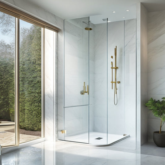 A serene, modern bathroom with a sleek, curved free-standing tub positioned near a wall, surrounded by gleaming marble floors, and a floor-to-ceiling glass shower enclosure with a minimalist rainfall showerhead.