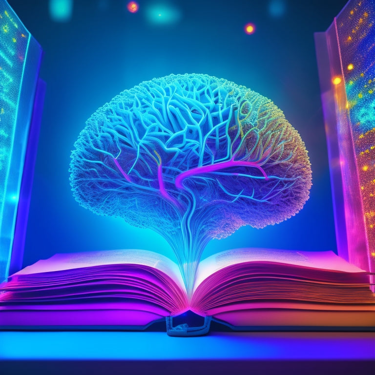 A vibrant, futuristic illustration of a person's brain with swirling, interconnected nodes and glowing blue lines, surrounded by floating book pages transforming into colorful, branching mind maps.