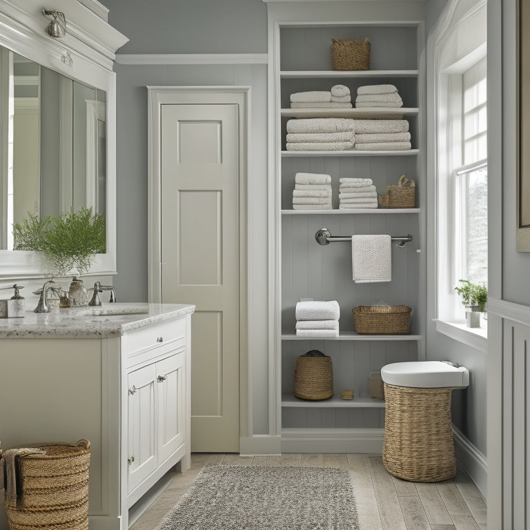A serene bathroom with a large, wall-mounted cabinet featuring ornate glass doors, a built-in sink with a hidden storage compartment, and a woven basket storing rolled towels beneath a floating shelf.