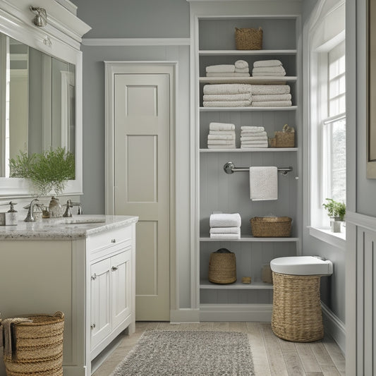 A serene bathroom with a large, wall-mounted cabinet featuring ornate glass doors, a built-in sink with a hidden storage compartment, and a woven basket storing rolled towels beneath a floating shelf.