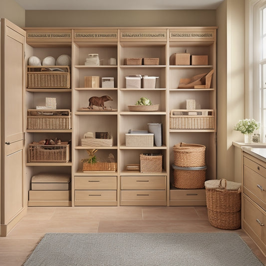A serene, well-lit storage room with senior-friendly shelving units, adjustable to comfortable heights, featuring soft-close drawers, and baskets with ergonomic handles, amidst a calming background with warm beige tones.