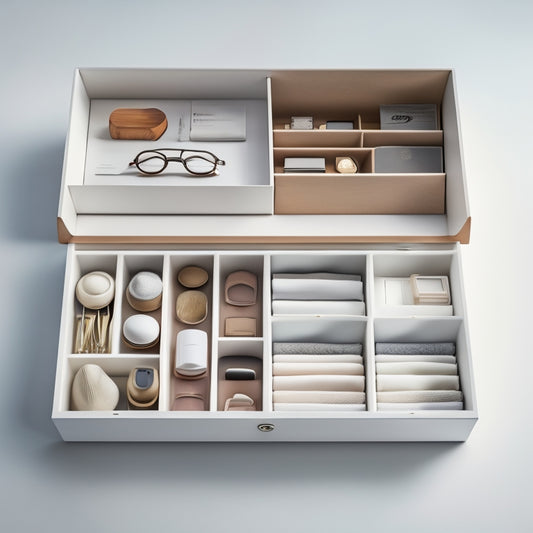 A serene, well-lit, minimalist drawer interior with soft, creamy-white background, featuring 3-4 neatly organized compartments, each containing few, carefully arranged, senior-friendly items like reading glasses, wallets, and small containers.