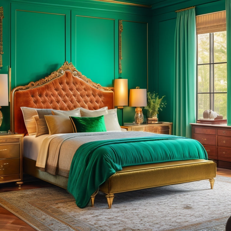 A serene, sunlit master suite featuring a plush, emerald-green velvet bed, flanked by matching nightstands with brass accents, surrounded by rich, walnut wood paneling and floor-to-ceiling curtains in a subtle geometric pattern.