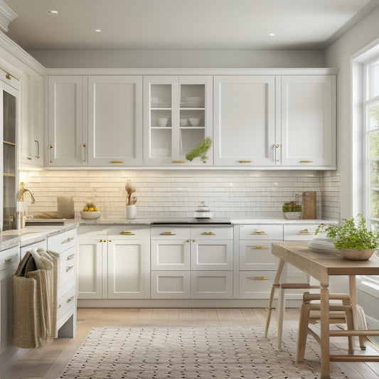 Generate an image featuring a variety of white wall cabinets with distinct styles, such as Shaker, raised-panel, flat-panel, and glass-front, arranged in a stylish kitchen setting with warm lighting.