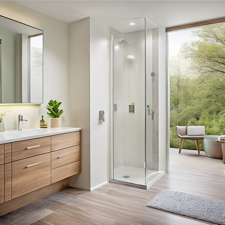 A serene, modern bathroom with a wall-mounted, LED-lit vanity, a floor-to-ceiling storage cabinet, and a sleek, sliding shower door, showcasing a tranquil retreat with clever storage solutions.