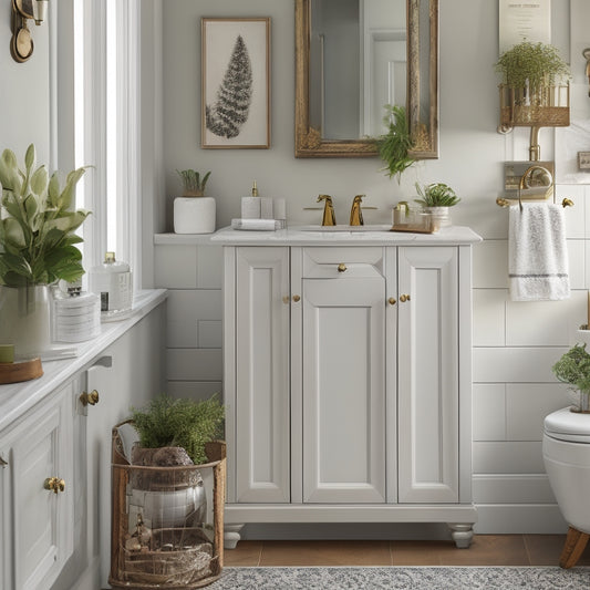 A beautifully styled bathroom with a freestanding, white, wooden shelving cabinet featuring ornate metal hardware, adorned with lush greenery, candles, and decorative bathroom essentials, set against a soft, gray background.