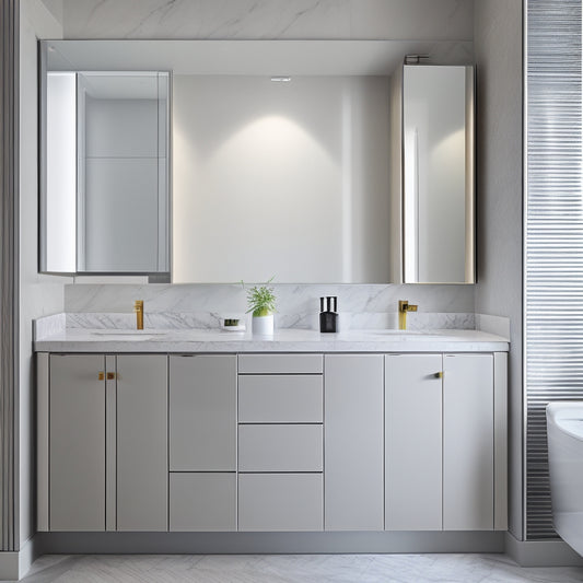 A sleek, modern bathroom with a wall-mounted cabinet featuring soft-close drawers, ambient LED lighting, and a large, frameless mirror, set against a calming gray and white marble background.