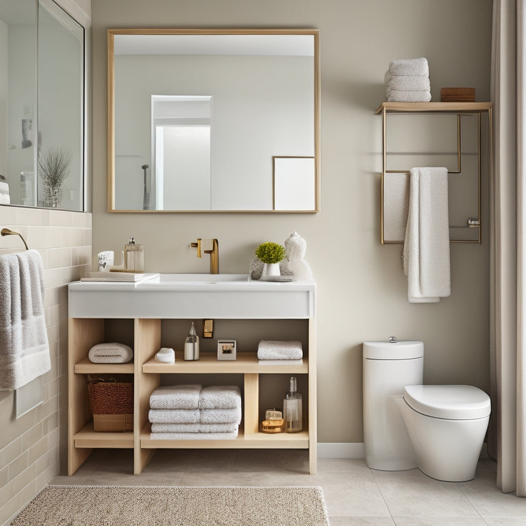 A serene, modern bathroom with a neutral color palette, featuring a sleek countertop with three tiers of storage: a recessed tray for small items, a middle shelf for towels, and a top shelf for decorative items.