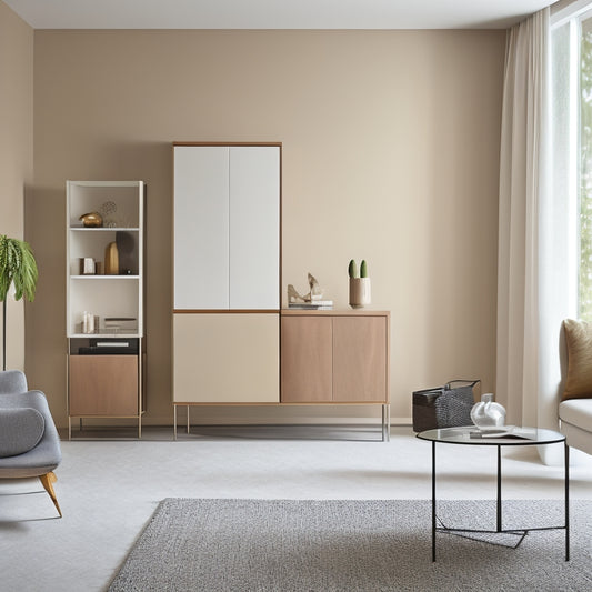 A minimalist, modern living room with a sleek, wall-mounted cabinet in a neutral tone, featuring sliding doors and adjustable shelves, surrounded by a few decorative items and a small, round table.