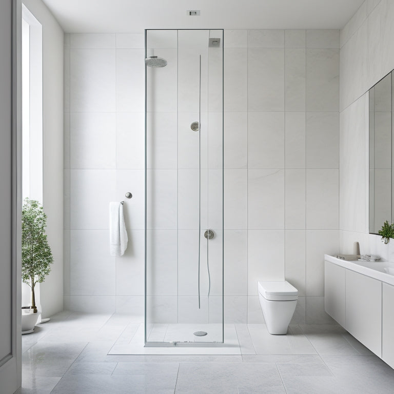 A minimalist bathroom with a sleek, wall-mounted sink, a rainfall showerhead, and a floor-to-ceiling glass enclosure, surrounded by calming gray and white marble tiles.