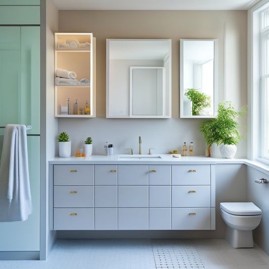 A minimalist bathroom with 3-4 small medicine cabinets of varying styles (e.g., recessed, wall-mounted, mirrored) installed above a sink, showcasing different space-saving solutions.