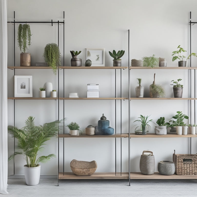 A minimalist interior scene featuring a clean, white-walled room with a few, carefully placed DIY shelving units crafted from reclaimed wood and industrial pipes, with a few decorative plants and books neatly arranged.