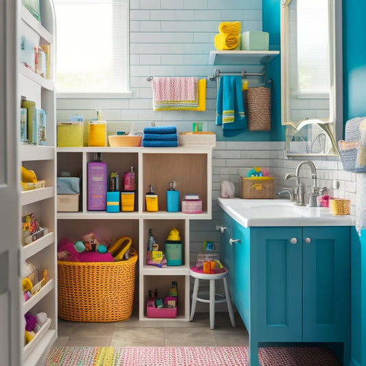 A colorful, clutter-free kids' bathroom with a wooden cabinet above the sink, a woven basket near the tub, and a set of stackable plastic bins under the sink, surrounded by toys and kid-friendly bath products.