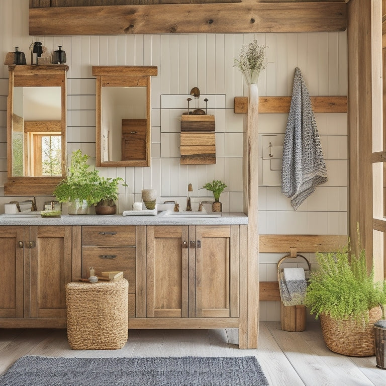 A cozy bathroom featuring rustic wooden storage cabinets, adorned with barn-style doors, vintage metal hardware, and open shelves displaying neatly folded towels and potted herbs, complemented by soft, warm lighting and natural wood accents.