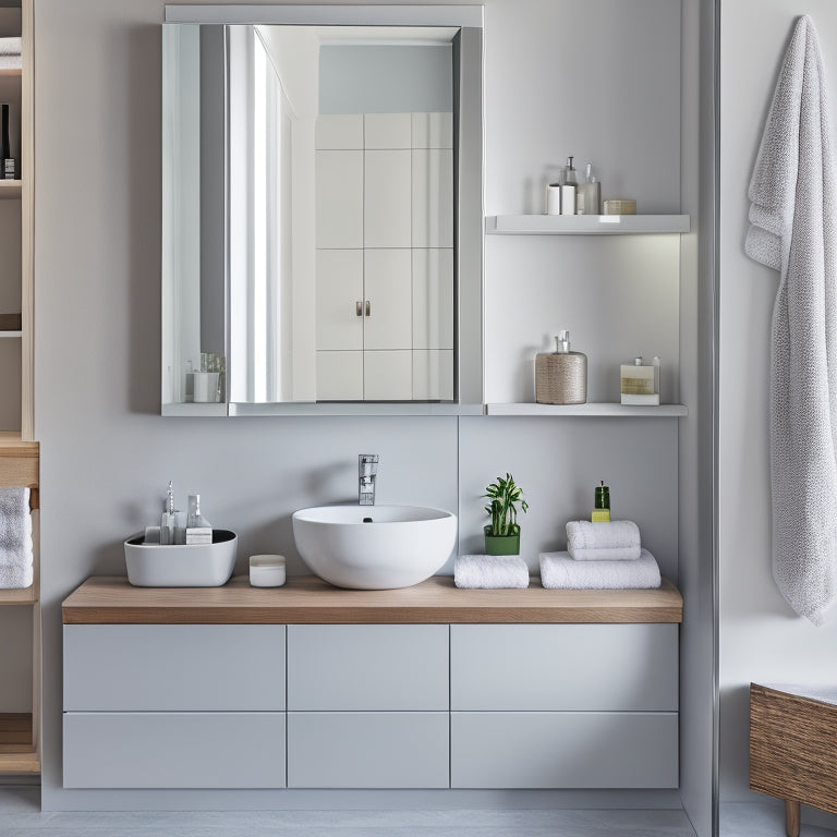 A sleek, modern bathroom with a large mirror above a sink, featuring three wall-mounted shelves in a staggered formation, each holding various bathroom essentials like towels, toiletries, and decorative items.