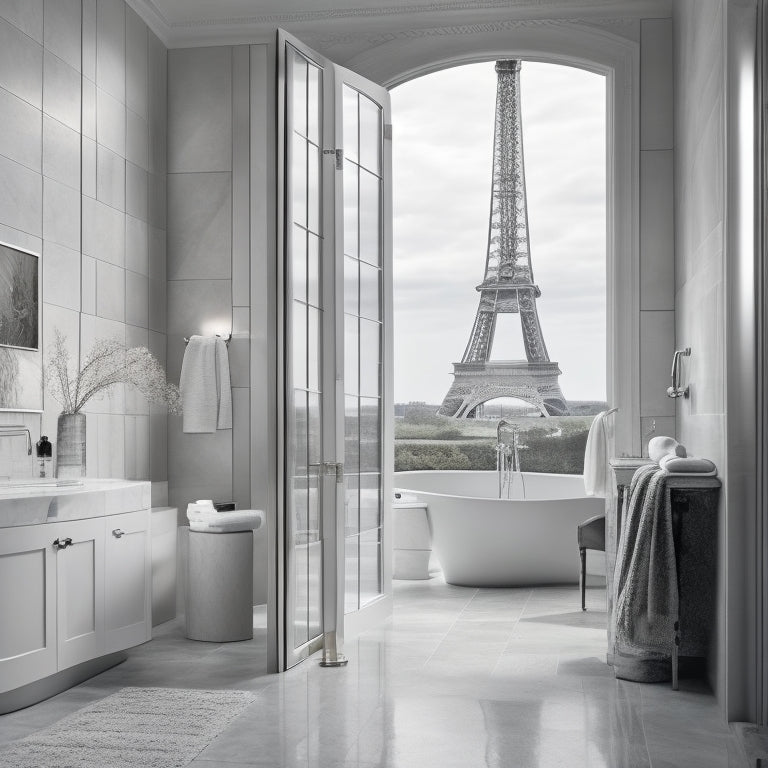 A serene, monochromatic bathroom featuring a freestanding tub, surrounded by limestone floors, marble countertops, and a floor-to-ceiling glass shower with a subtle Eiffel Tower silhouette etched into the door.