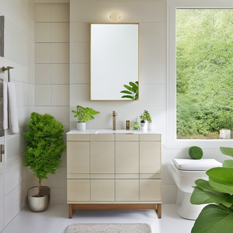 A serene small bathroom featuring sleek, minimalist furniture: a floating vanity with clean lines, a round mirror, a compact shower with glass doors, and light-colored tiles, accented by greenery for freshness.