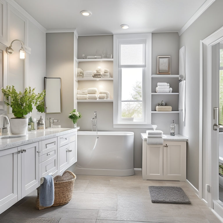 A serene, well-lit, compact bathroom with a freestanding tub, surrounded by sleek, custom-built shelves and cabinets in a calming white and gray color scheme, with floor-to-ceiling storage units.